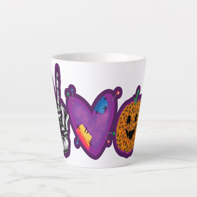 Skeleton Pumpkin Peace Love Halloween Latte Mug (Front)