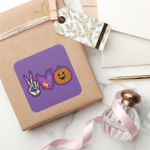 Skeleton Pumpkin Peace Love Halloween Square Sticker