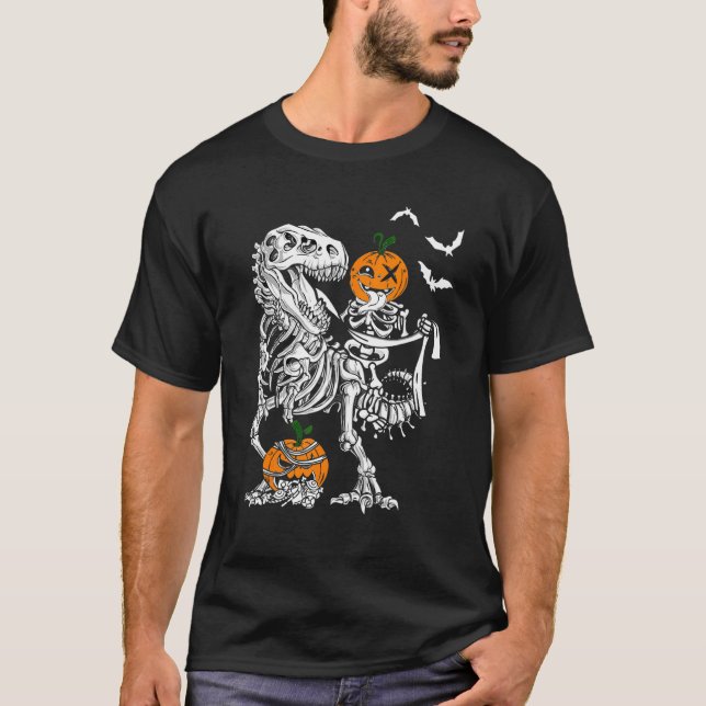 Skeleton Pumpkin Riding Art Dinosaur T Rex Hallowe T-Shirt (Front)