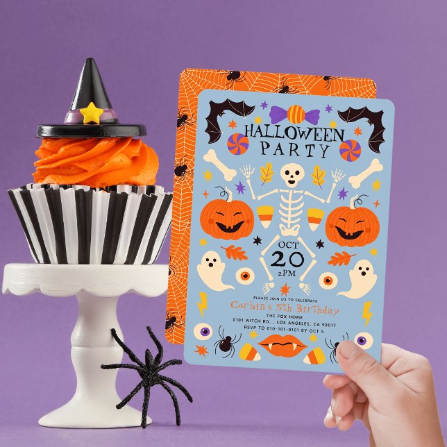 Skeleton Pumpkins Ghosts Blue Halloween Birthday Invitation (Creator Uploaded)