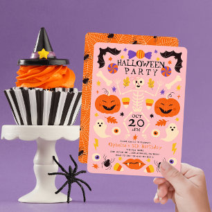 Skeleton Pumpkins Ghosts Pink Halloween Birthday Invitation