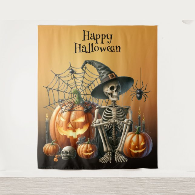 Skeleton Pumpkins Halloween Backdrop Tapestry (Front)