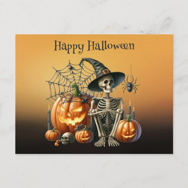 Skeleton Pumpkins Halloween Postcard (Front)
