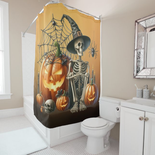 Skeleton Pumpkins Halloween Shower Curtain (In Situ)