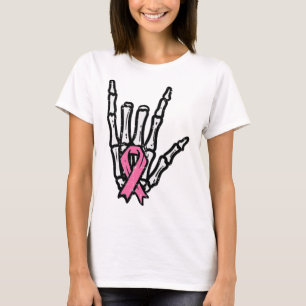 Skeleton Punk Rock Rocker Pink Breast Cancer Aware T-Shirt