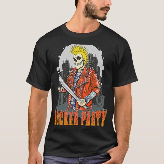Skeleton Punk Skull Rocker Party Baseball bat Art T-Shirt (Front)