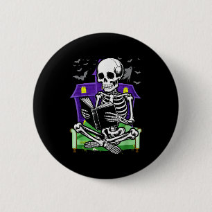 Skeleton Reading Book Lovers Bookworms Readers Hal 6 Cm Round Badge