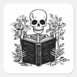 Skeleton reading romance book square sticker