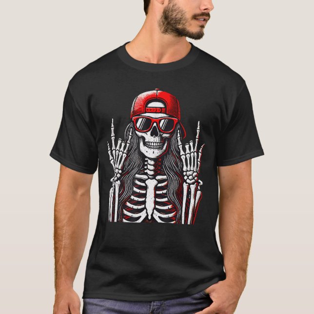 Skeleton Rebel Rock Hand Sign Goth Punk Emo Rockn  T-Shirt (Front)