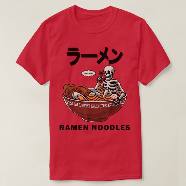 Skeleton Relaing In A Bowl Of Ramen Funny Japanese T-Shirt (Design Front)