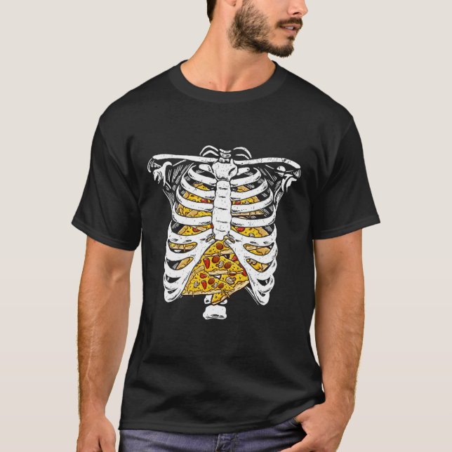 Skeleton Rib Cage With Pizzas Happy Halloween Day  T-Shirt (Front)
