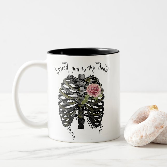 Skeleton Ribcage Love You To The Dead Two-Tone Coffee Mug (With Donut)