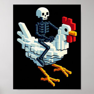 Skeleton Riding Chicken Block Style Pixel Art Gami Poster