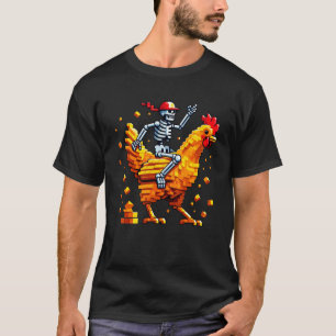 Skeleton Riding Chicken Block Style Pixel Art Gami T-Shirt