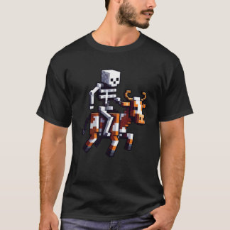 Skeleton Riding Cow Gamer Graphic in Pixel Art Blo T-Shirt