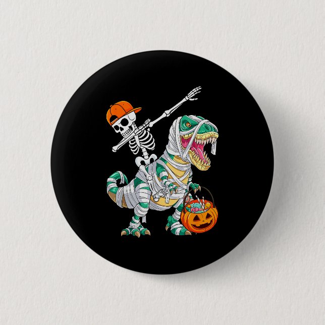 Skeleton Riding Dancing Dab Dinosaur T Rex Hallowe 6 Cm Round Badge (Front)