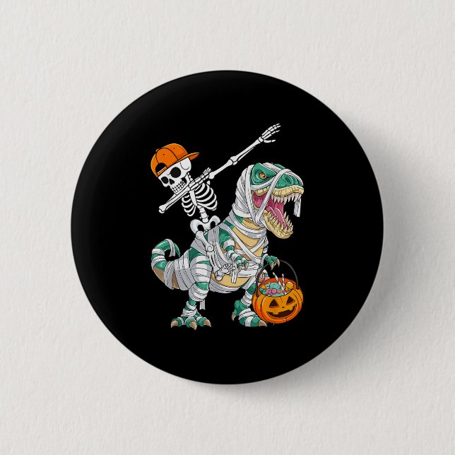 Skeleton Riding Dancing Dab Dinosaur T Rex Hallowe 6 Cm Round Badge (Front)