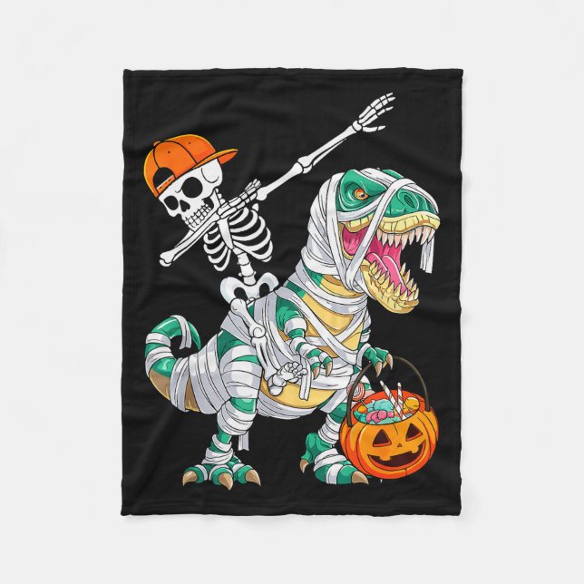 Skeleton Riding Dancing Dab Dinosaur T Rex Hallowe Fleece Blanket (Front)