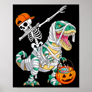 Skeleton Riding Dancing Dab Dinosaur T Rex Hallowe Poster