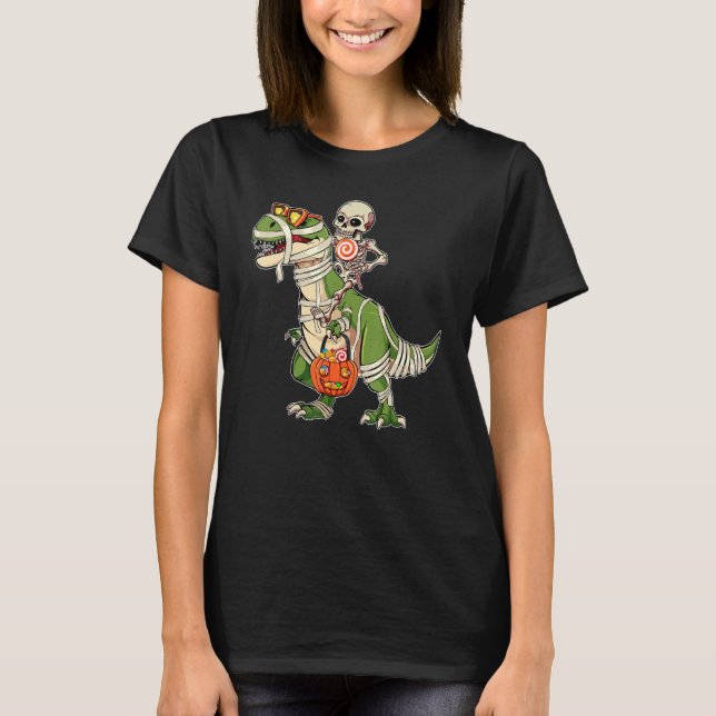 Skeleton Riding Dinosaur Halloween Candy Sweets T-Shirt (Front)