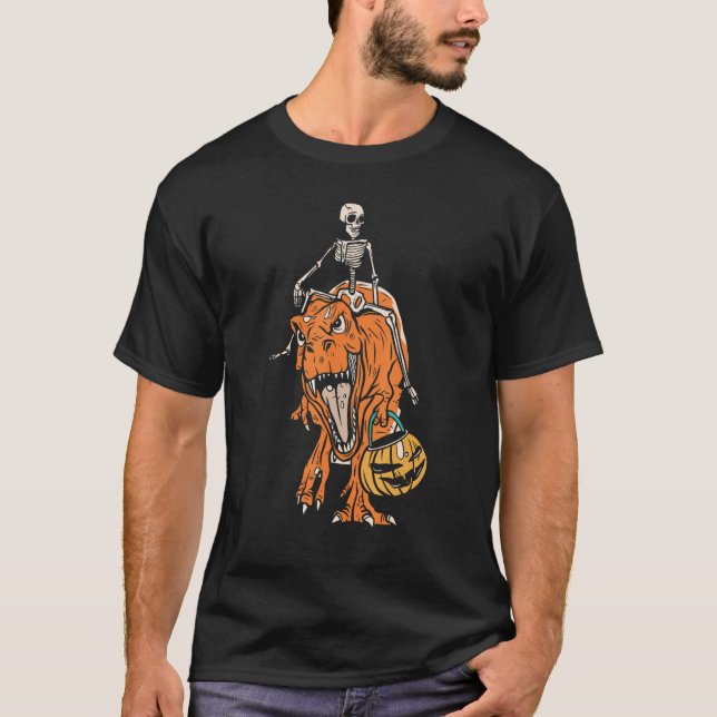 Skeleton Riding Dinosaur Halloween Rex Trick Or Tr T-Shirt (Front)
