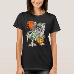 Skeleton Riding Dinosaur Rex Scary Halloween Moon T-Shirt