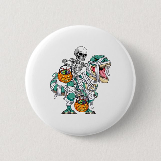 Skeleton Riding Dinosaur T Rex Fun Kids Boys Hallo 6 Cm Round Badge (Front)