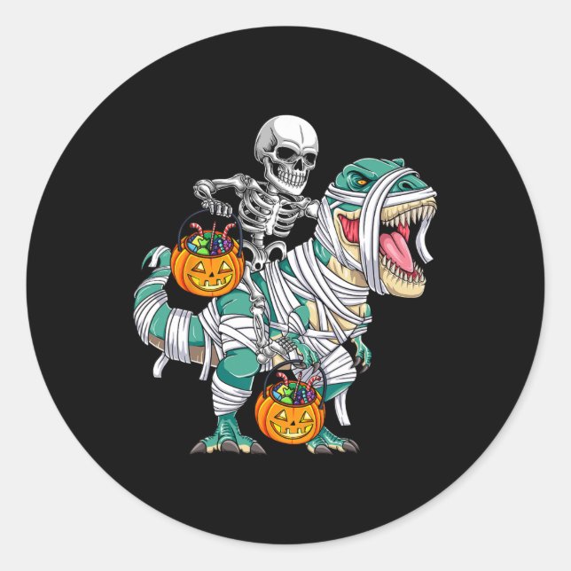 Skeleton Riding Dinosaur T Rex Fun Kids Boys Hallo Classic Round Sticker (Front)
