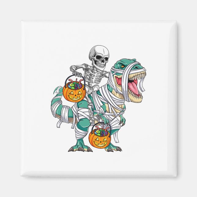 Skeleton Riding Dinosaur T Rex Fun Kids Boys Hallo Magnet (Front)