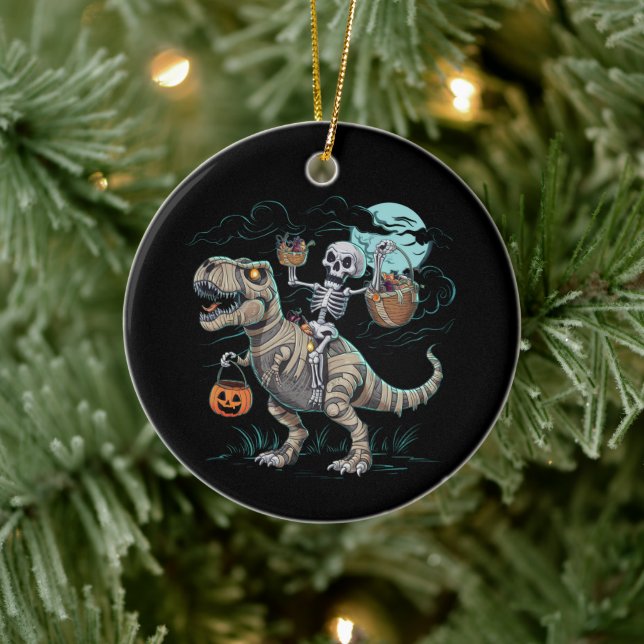 Skeleton Riding Dinosaur T rex Halloween Pumpkin Ceramic Tree Decoration (Tree)