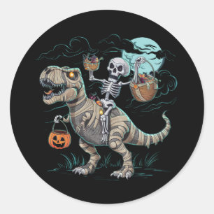 Skeleton Riding Dinosaur T rex Halloween Pumpkin Classic Round Sticker