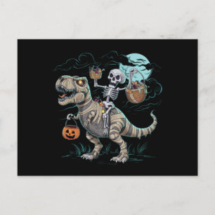 Skeleton Riding Dinosaur T rex Halloween Pumpkin Postcard