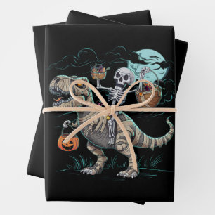 Skeleton Riding Dinosaur T rex Halloween Pumpkin Wrapping Paper Sheet
