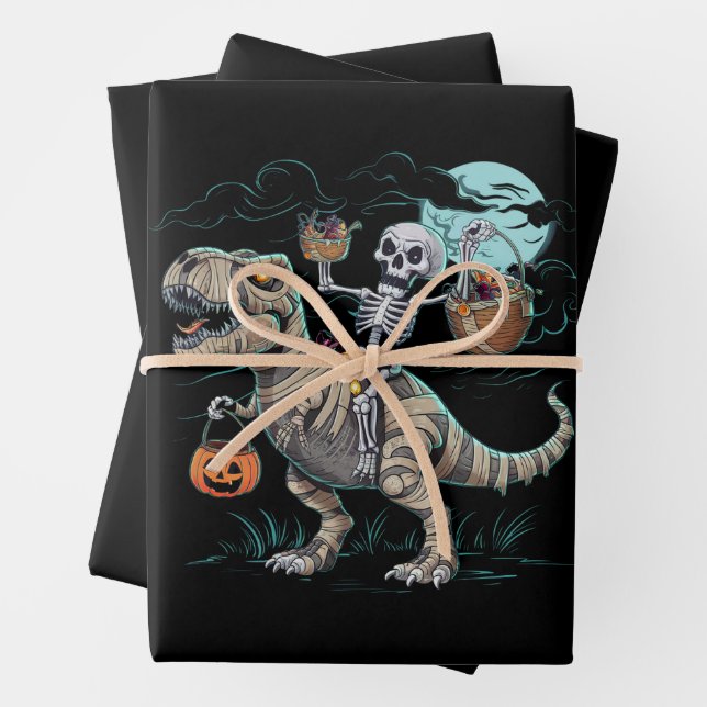 Skeleton Riding Dinosaur T rex Halloween Pumpkin Wrapping Paper Sheet (In situ)