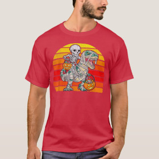 Skeleton Riding Dinosaur Tre Halloween Retro Vinta T-Shirt