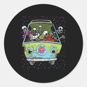 Skeleton Riding Hippie Van Halloween Costume Retro Classic Round Sticker