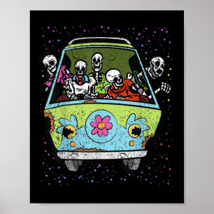 Skeleton Riding Hippie Van Halloween Costume Retro Poster