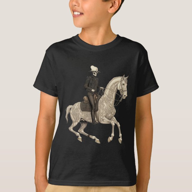 Skeleton Riding Horse Cowboy Horse Lover Halloween T-Shirt (Front)