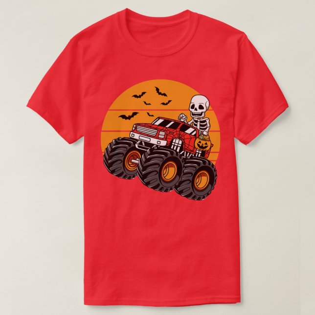 Skeleton Riding Monster Truck Halloween Costume T-Shirt (Design Front)