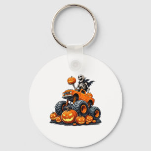 Skeleton Riding Monster Truck Halloween Pumpkin Ki Key Ring
