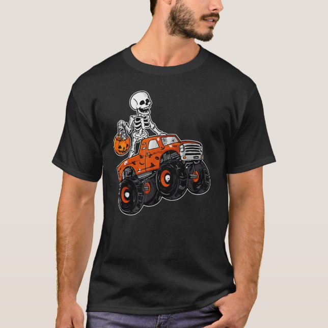 Skeleton Riding Monster Truck Lazy Halloween Costu T-Shirt (Front)