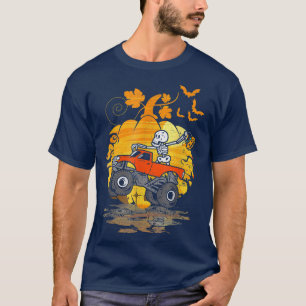 Skeleton Riding Monster Truck Pumpkin Halloween Bo T-Shirt