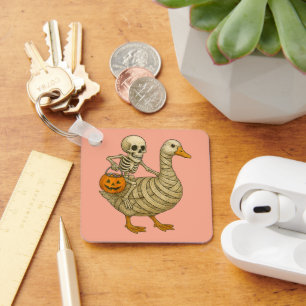 Skeleton Riding Mum Goose Halloween Funny Pumpkin Key Ring