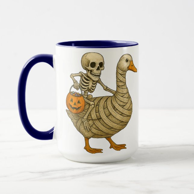 Skeleton Riding Mum Goose Halloween Funny Pumpkin Mug (Left)