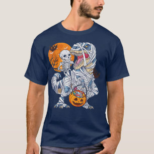 Skeleton Riding Mummy Dinosaur Funny Halloween Pum T-Shirt