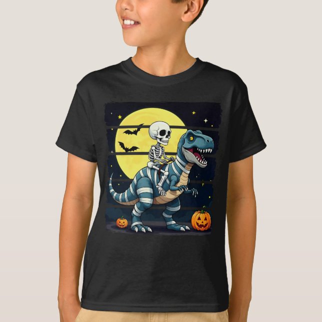 Skeleton Riding Mummy Dinosaur Funny Halloween T-Shirt (Front)