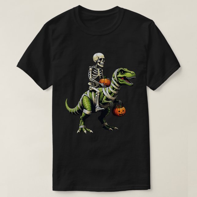 Skeleton Riding Mummy Dinosaur Funny Halloween T-Shirt (Design Front)