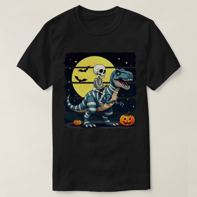 Skeleton Riding Mummy Dinosaur Funny Halloween T-Shirt (Design Front)