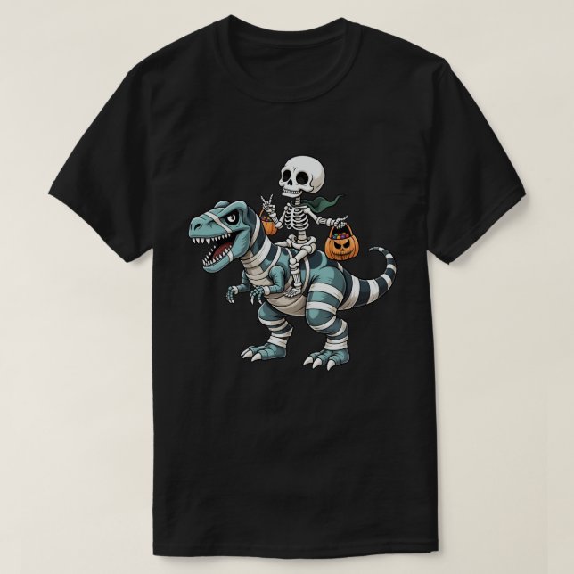 Skeleton Riding Mummy Dinosaur Funny Halloween T-Shirt (Design Front)