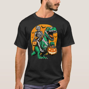 Skeleton Riding Mummy Dinosaur Pumpkin Spooky Trex T-Shirt